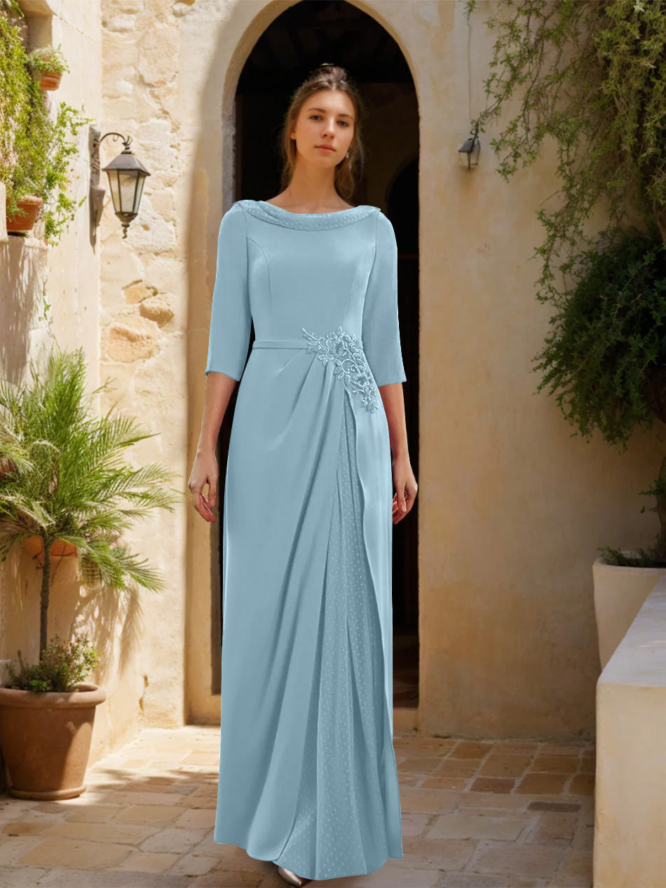 Sheath Column Cowl Neck 3 4 Sleeves Floor Length Mother Of The Bride Dresses With Tulle Sash Slit Jewel Appliques