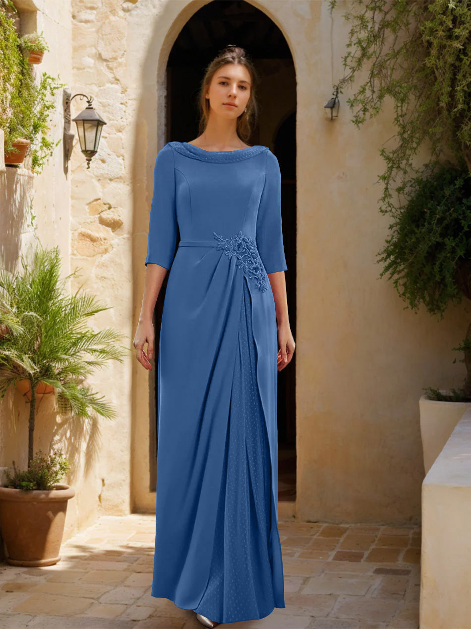 Sheath Column Cowl Neck 3 4 Sleeves Floor Length Mother Of The Bride Dresses With Tulle Sash Slit Jewel Appliques