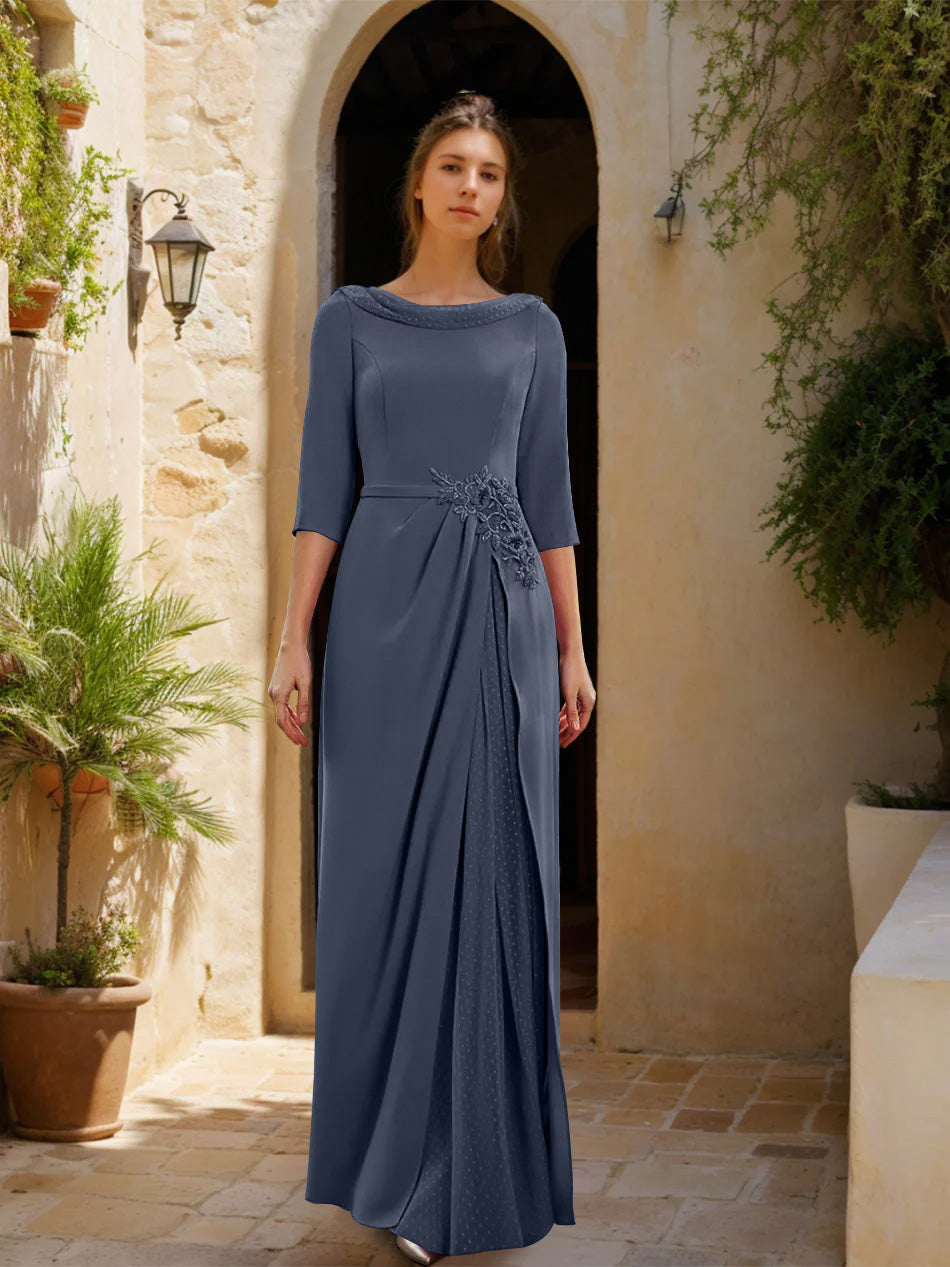 Sheath Column Cowl Neck 3 4 Sleeves Floor Length Mother Of The Bride Dresses With Tulle Sash Slit Jewel Appliques