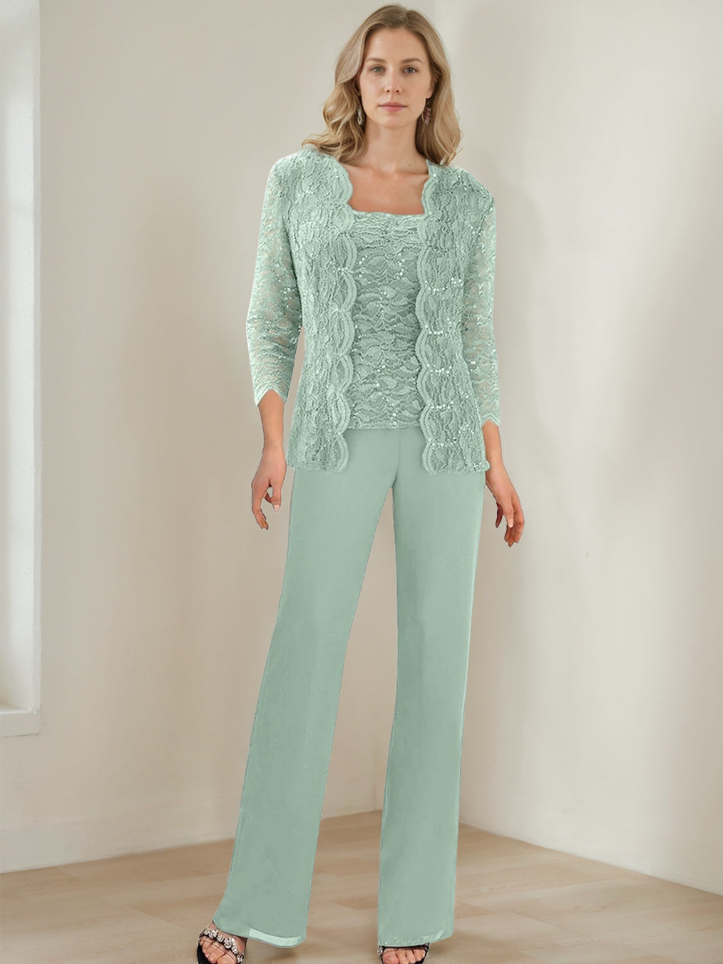 3 Pieces Square Neck 3 4 Sleeves Floor Length Mother Of The Bride Pantsuits With Sequins