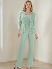 3 Pieces Square Neck 3 4 Sleeves Floor Length Mother Of The Bride Pantsuits With Sequins
