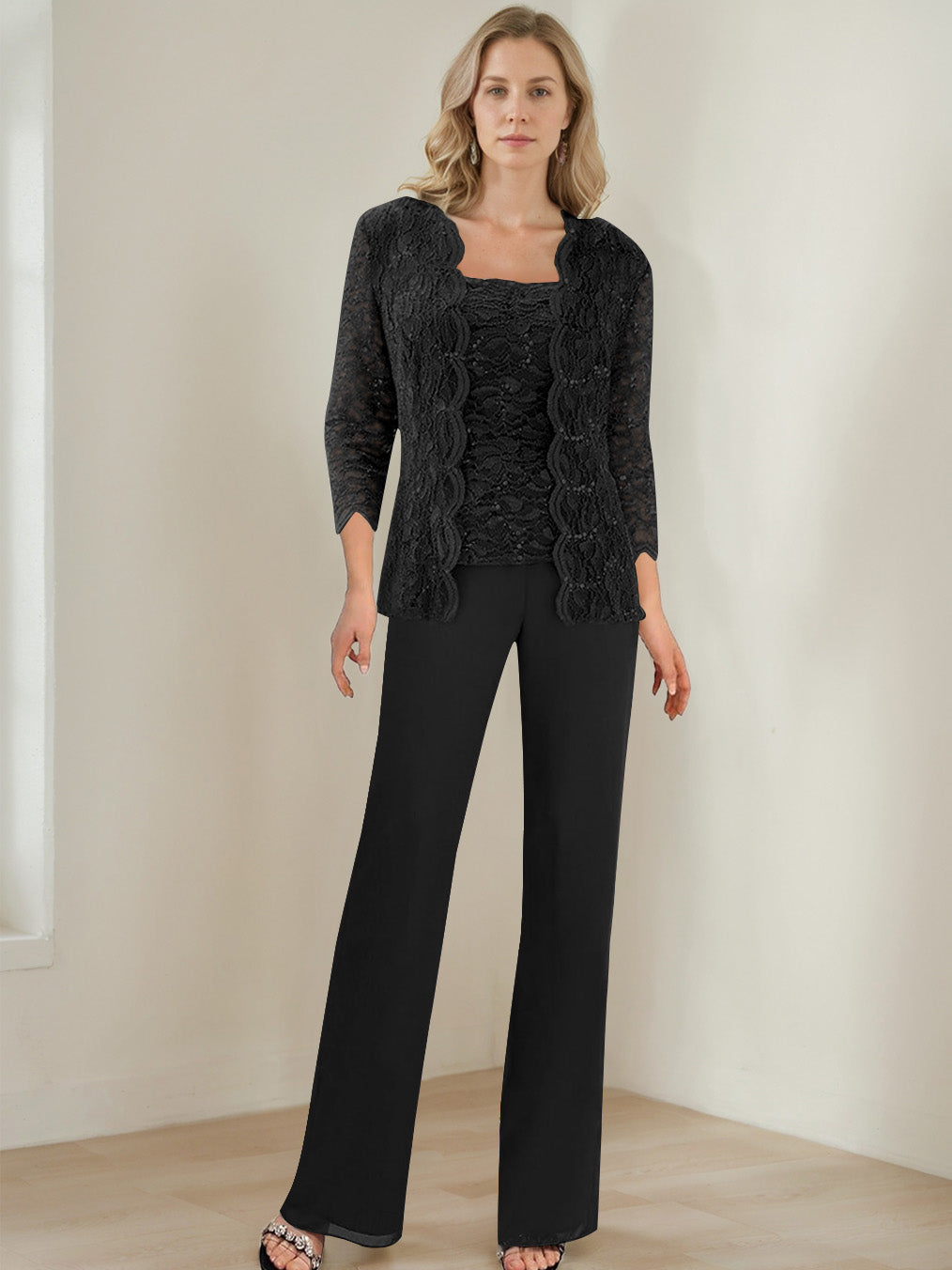 3 Pieces Square Neck 3 4 Sleeves Floor Length Mother Of The Bride Pantsuits With Sequins
