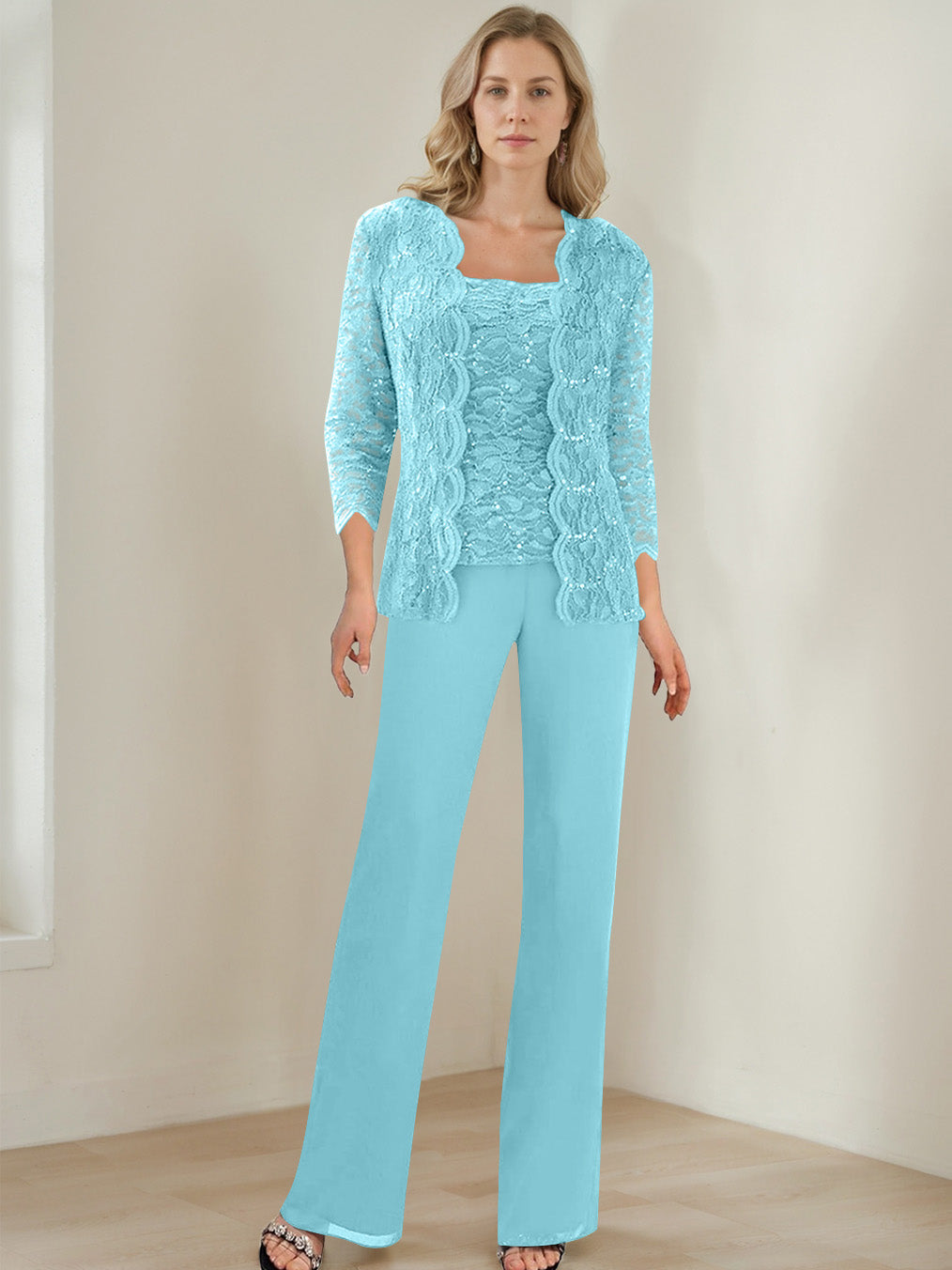 3 Pieces Square Neck 3 4 Sleeves Floor Length Mother Of The Bride Pantsuits With Sequins