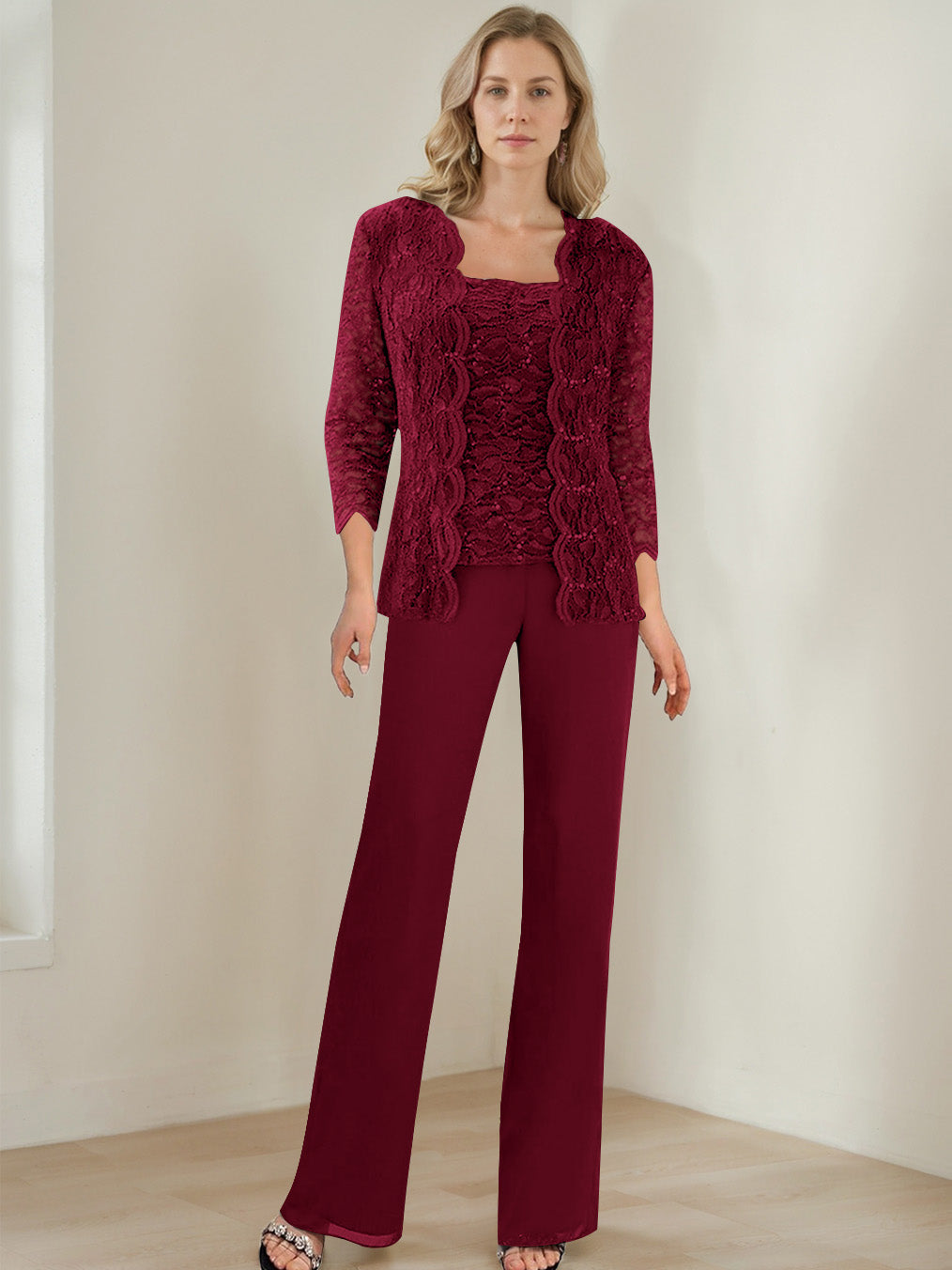3 Pieces Square Neck 3 4 Sleeves Floor Length Mother Of The Bride Pantsuits With Sequins