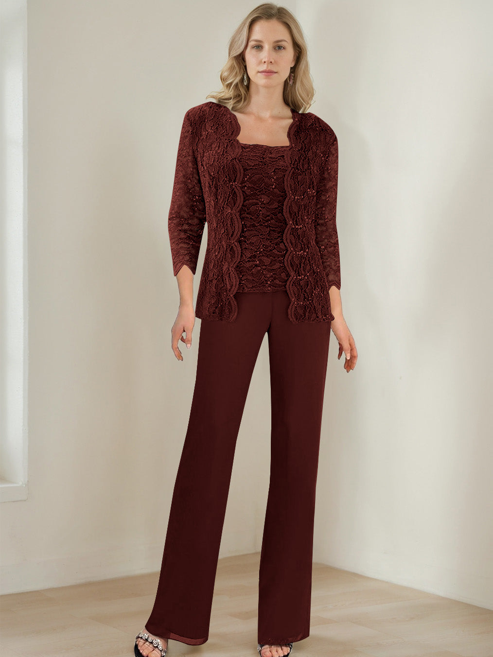 3 Pieces Square Neck 3 4 Sleeves Floor Length Mother Of The Bride Pantsuits With Sequins