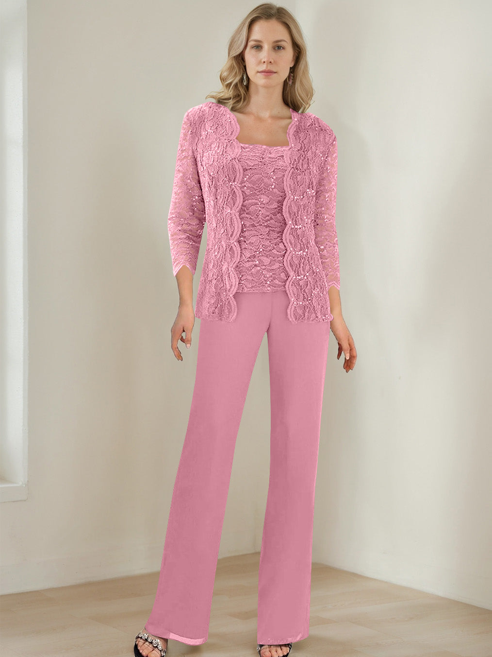 3 Pieces Square Neck 3 4 Sleeves Floor Length Mother Of The Bride Pantsuits With Sequins