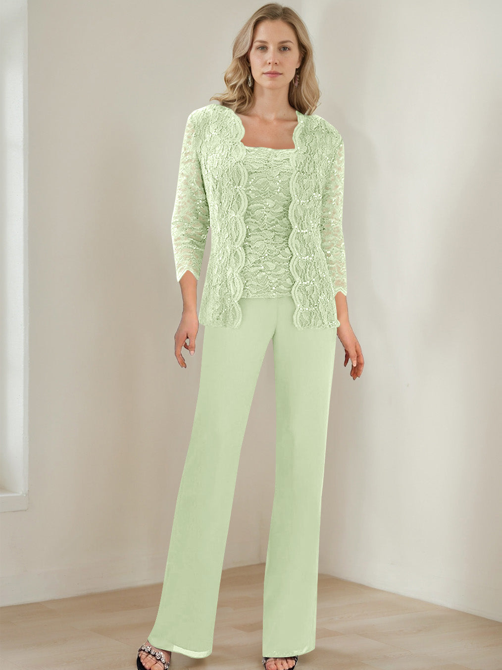 3 Pieces Square Neck 3 4 Sleeves Floor Length Mother Of The Bride Pantsuits With Sequins