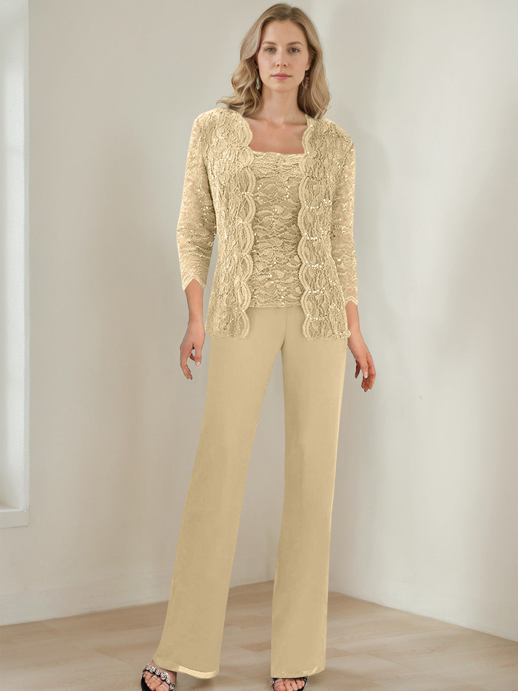 3 Pieces Square Neck 3 4 Sleeves Floor Length Mother Of The Bride Pantsuits With Sequins
