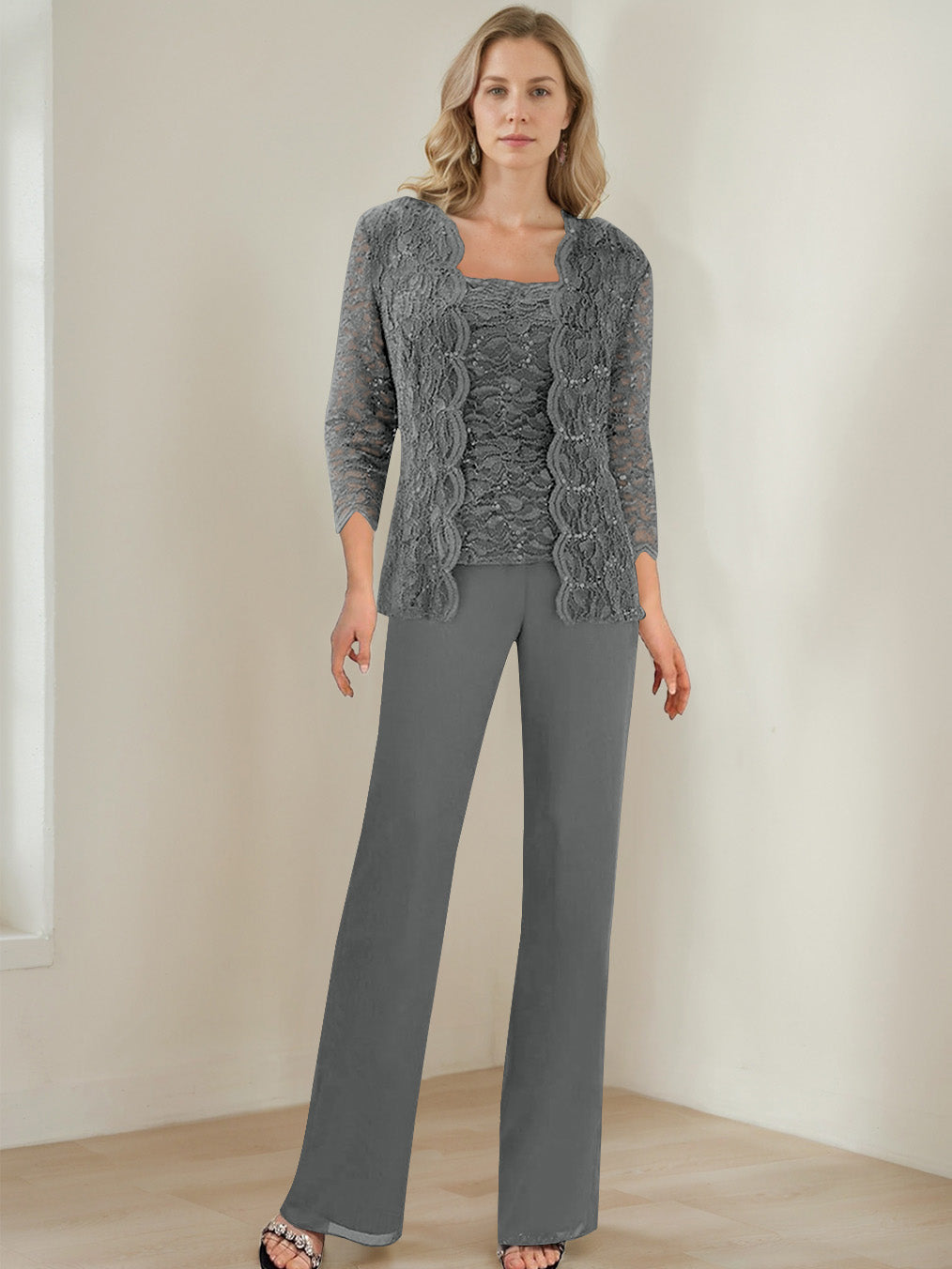 3 Pieces Square Neck 3 4 Sleeves Floor Length Mother Of The Bride Pantsuits With Sequins