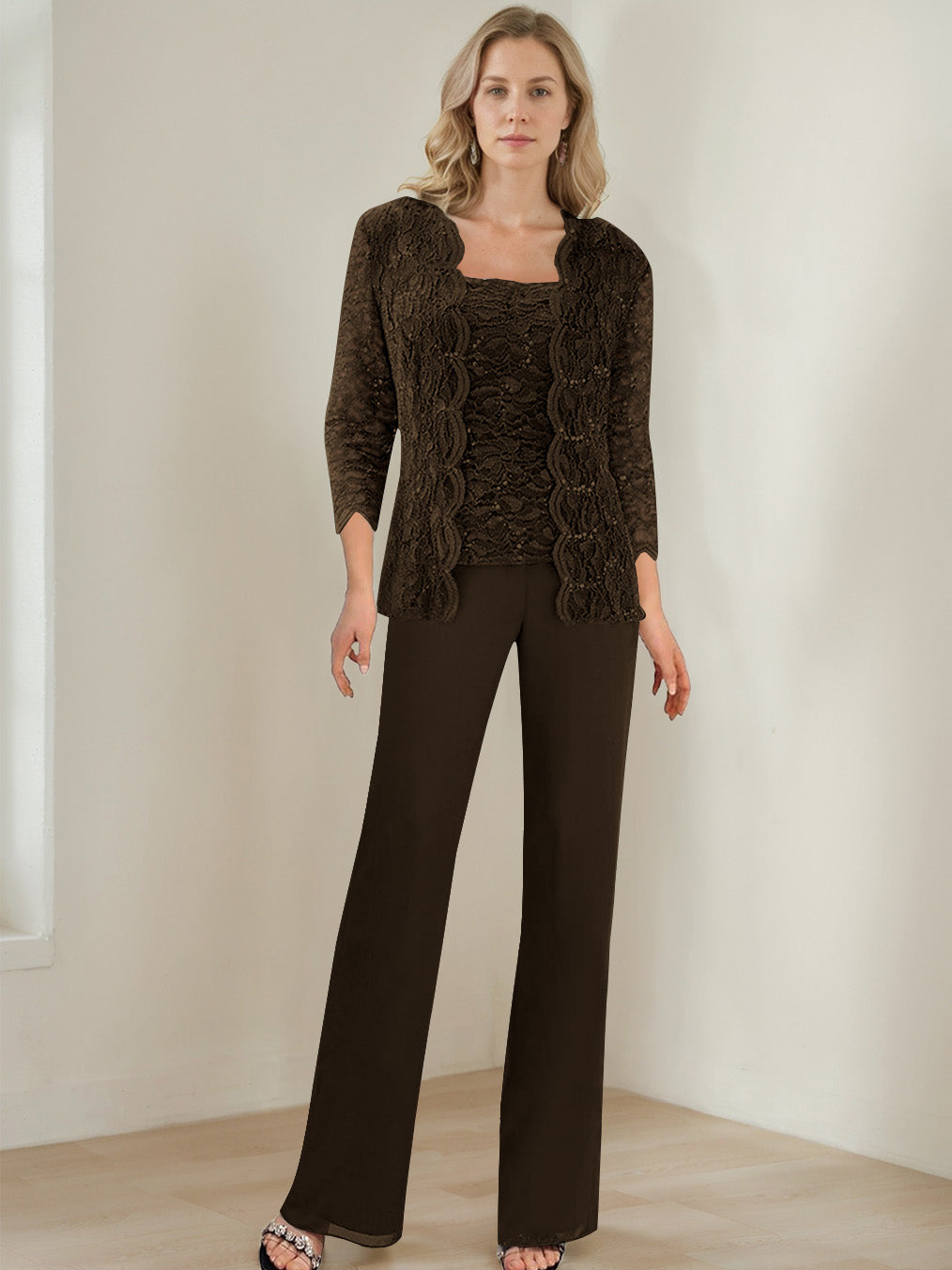 3 Pieces Square Neck 3 4 Sleeves Floor Length Mother Of The Bride Pantsuits With Sequins