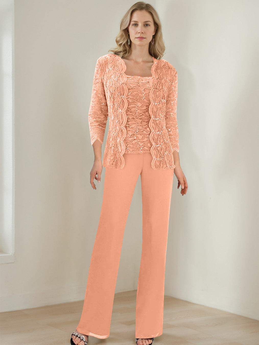3 Pieces Square Neck 3 4 Sleeves Floor Length Mother Of The Bride Pantsuits With Sequins