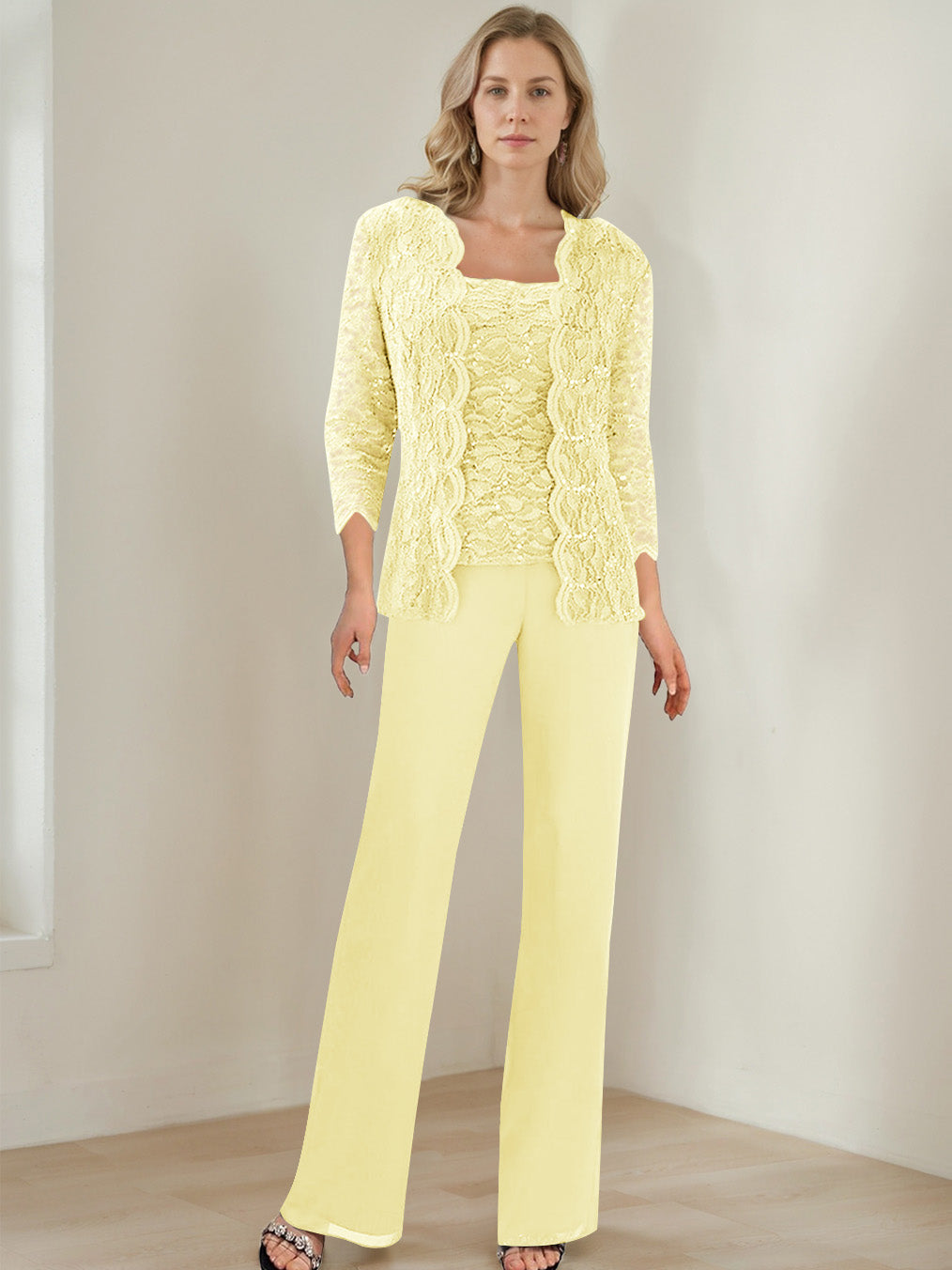 3 Pieces Square Neck 3 4 Sleeves Floor Length Mother Of The Bride Pantsuits With Sequins