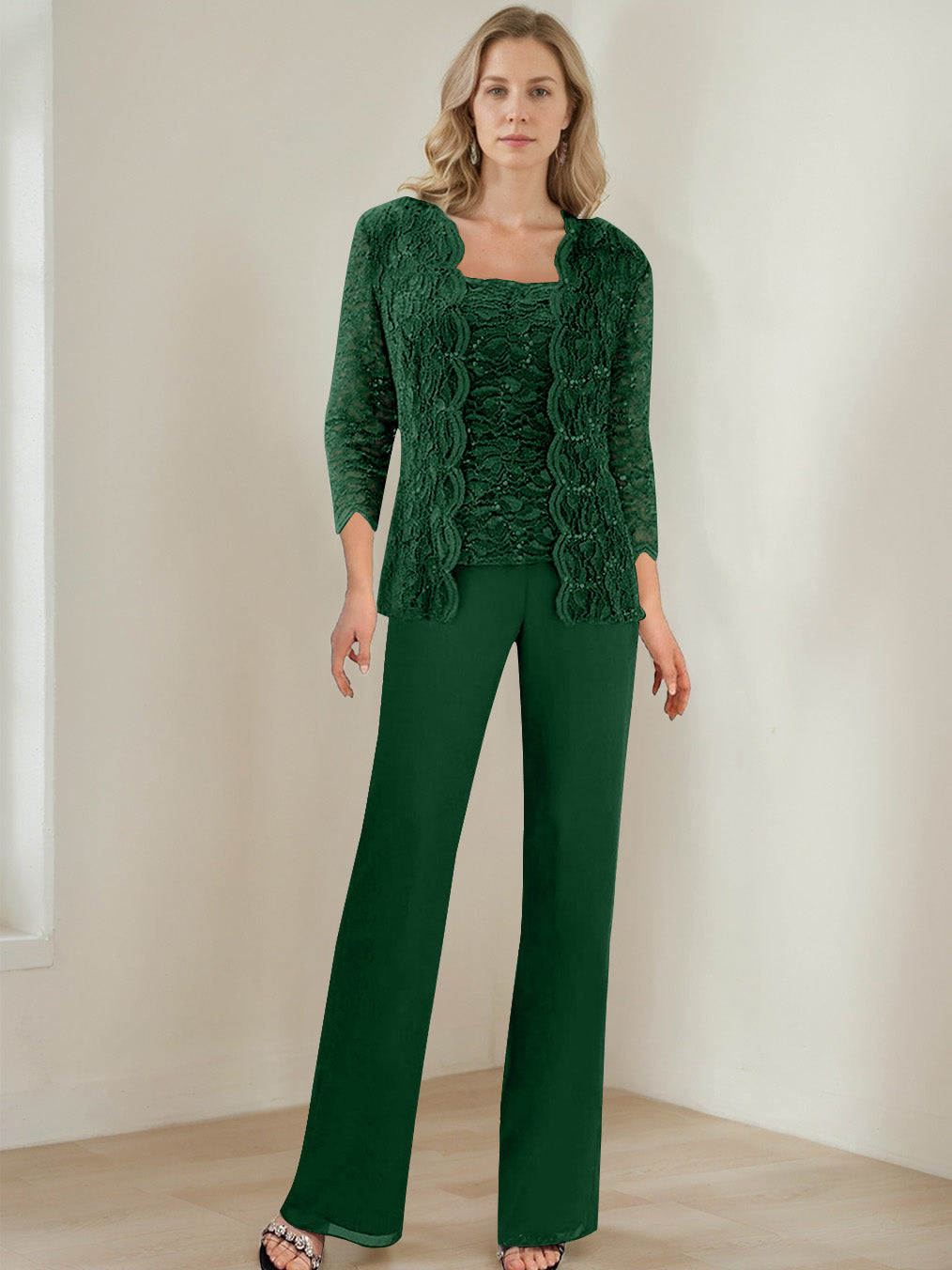 3 Pieces Square Neck 3 4 Sleeves Floor Length Mother Of The Bride Pantsuits With Sequins