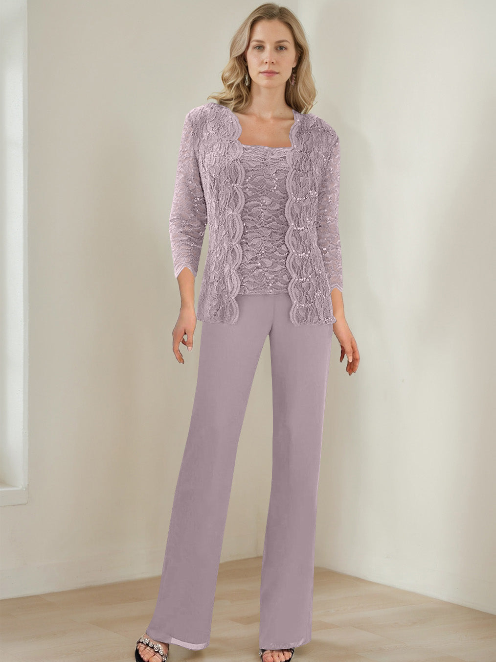 3 Pieces Square Neck 3 4 Sleeves Floor Length Mother Of The Bride Pantsuits With Sequins