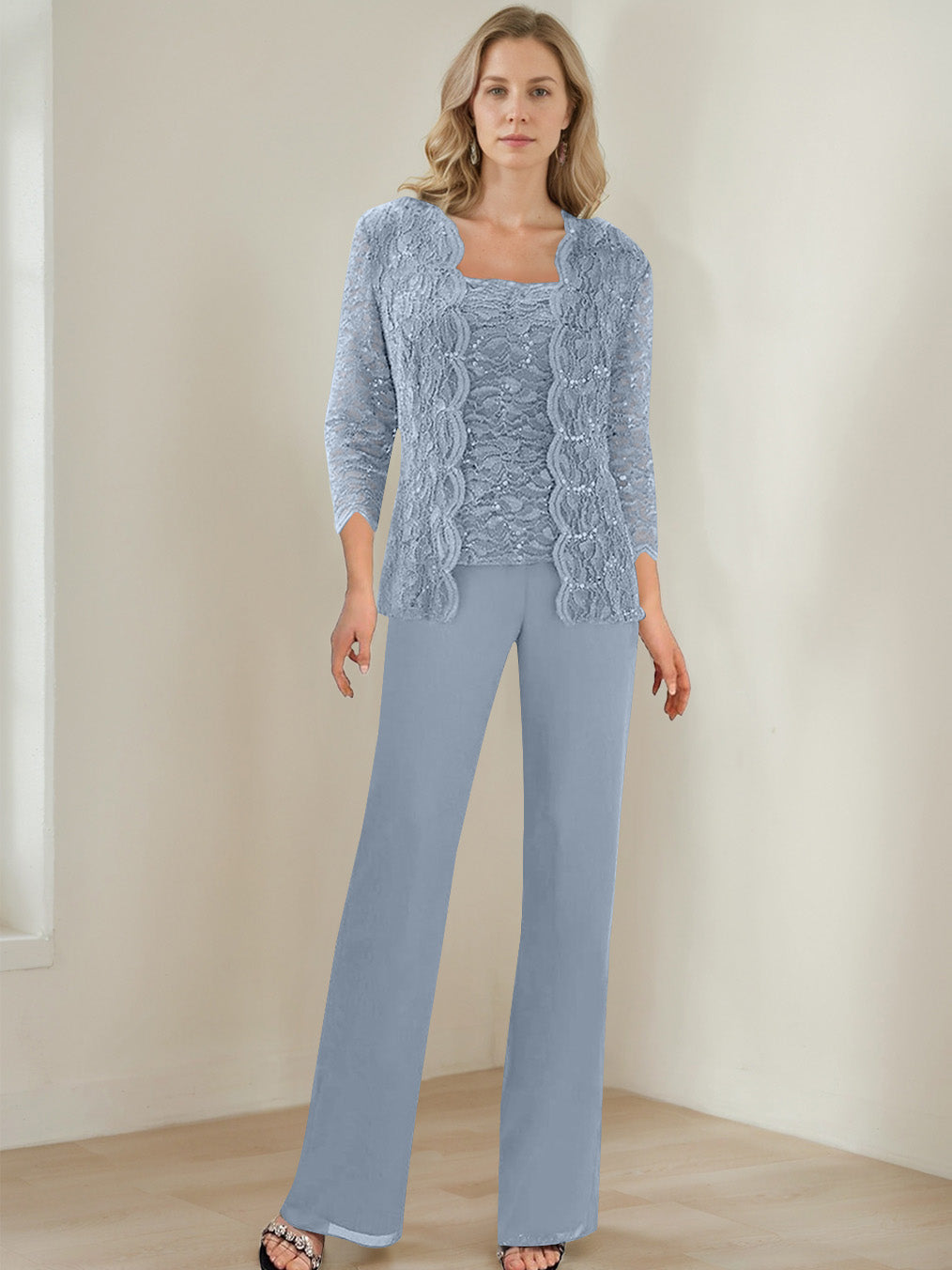 3 Pieces Square Neck 3 4 Sleeves Floor Length Mother Of The Bride Pantsuits With Sequins