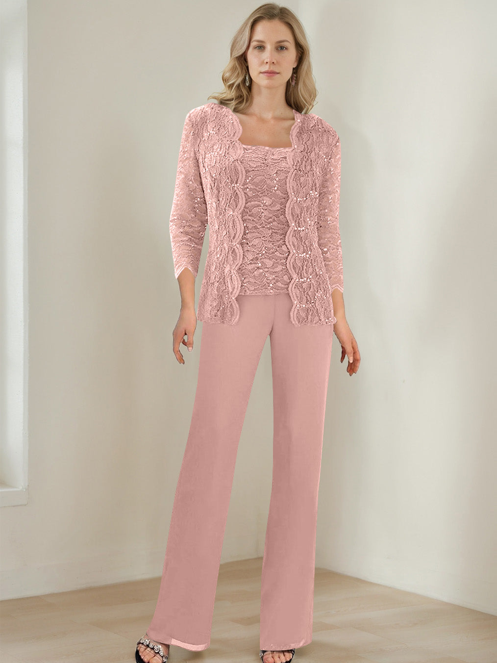 3 Pieces Square Neck 3 4 Sleeves Floor Length Mother Of The Bride Pantsuits With Sequins