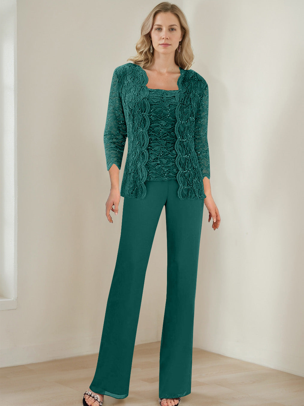 3 Pieces Square Neck 3 4 Sleeves Floor Length Mother Of The Bride Pantsuits With Sequins