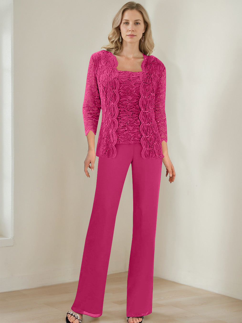 3 Pieces Square Neck 3 4 Sleeves Floor Length Mother Of The Bride Pantsuits With Sequins