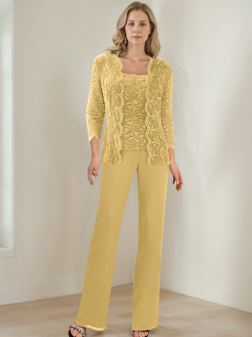 3 Pieces Square Neck 3 4 Sleeves Floor Length Mother Of The Bride Pantsuits With Sequins