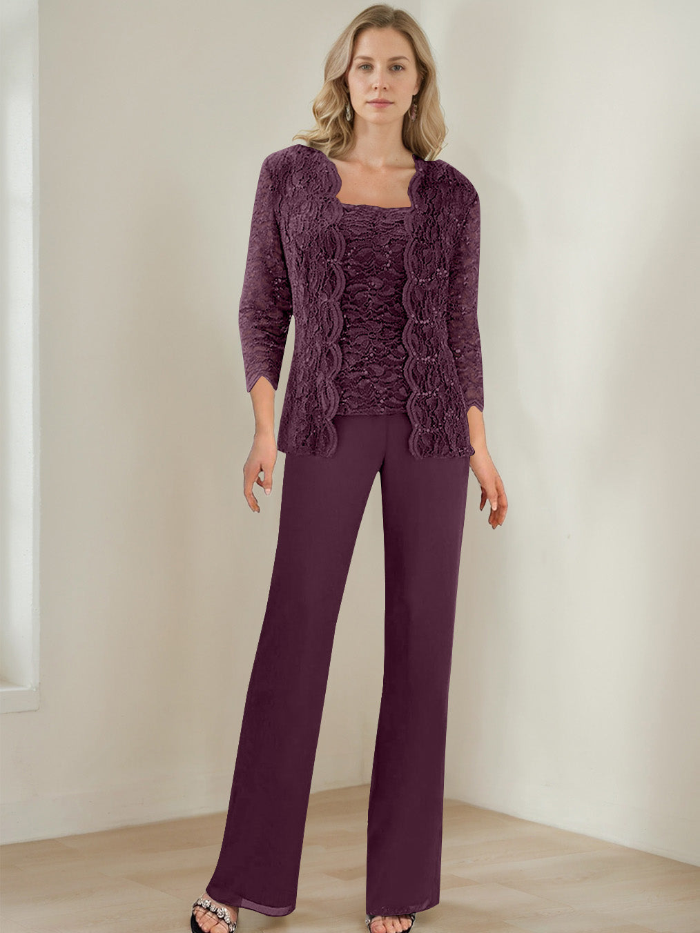 3 Pieces Square Neck 3 4 Sleeves Floor Length Mother Of The Bride Pantsuits With Sequins