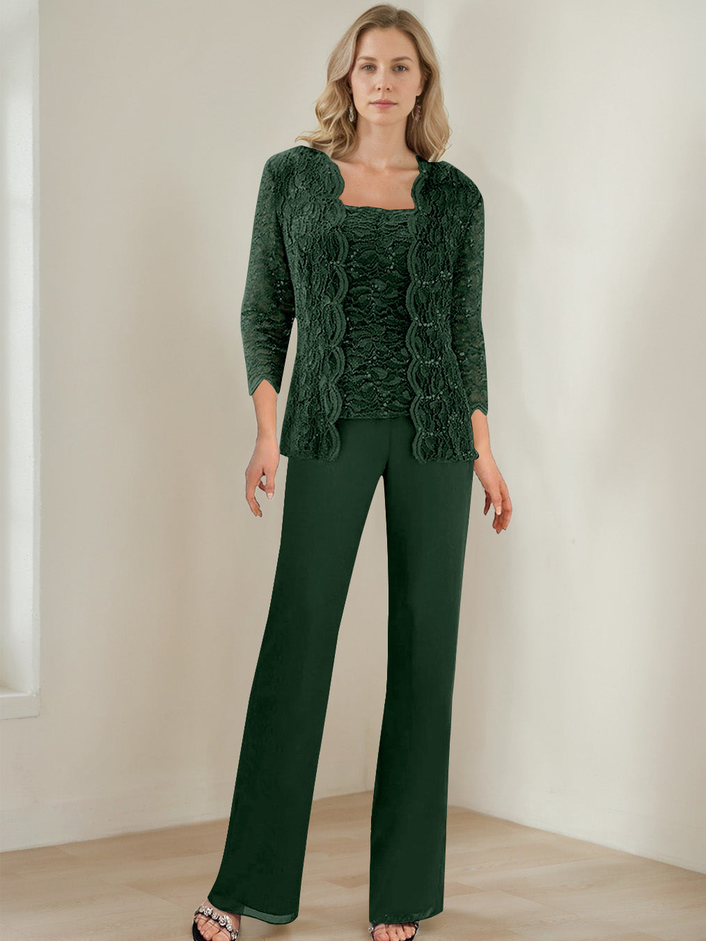 3 Pieces Square Neck 3 4 Sleeves Floor Length Mother Of The Bride Pantsuits With Sequins