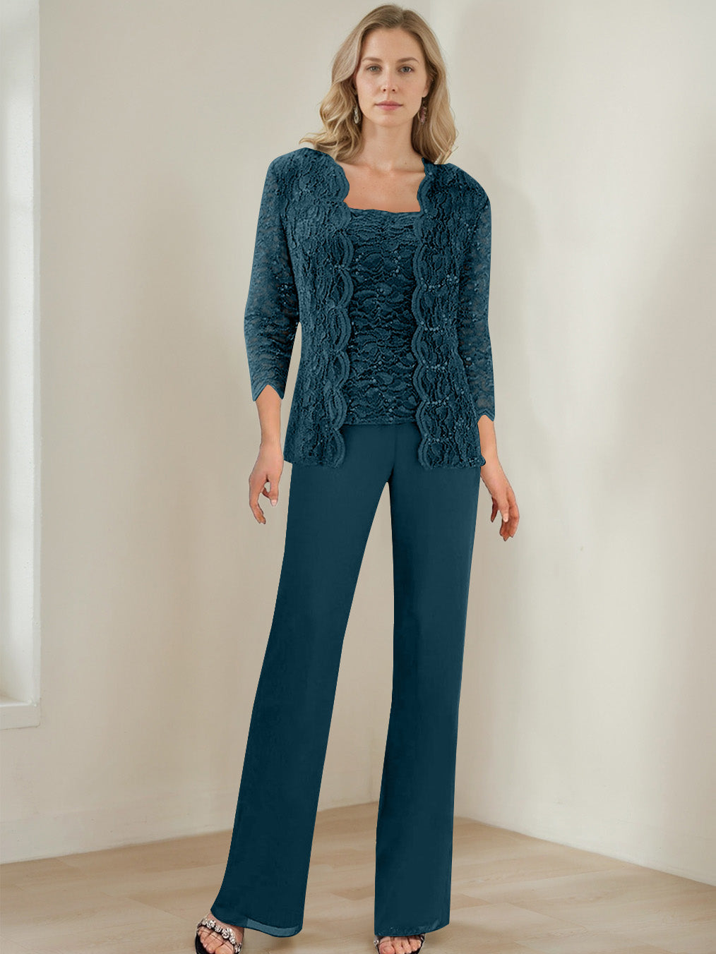 3 Pieces Square Neck 3 4 Sleeves Floor Length Mother Of The Bride Pantsuits With Sequins