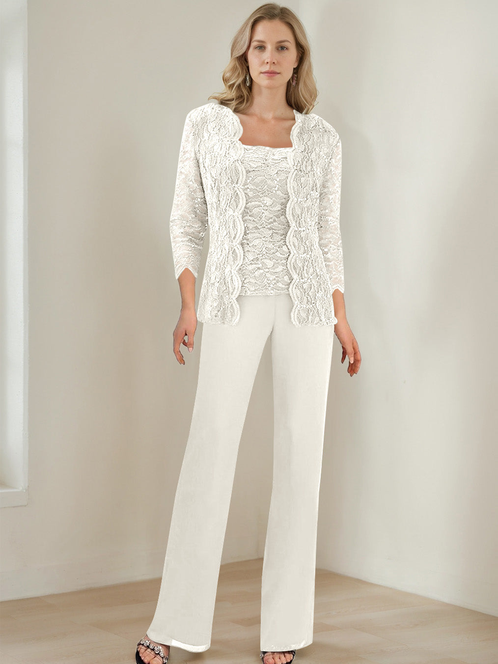 3 Pieces Square Neck 3 4 Sleeves Floor Length Mother Of The Bride Pantsuits With Sequins