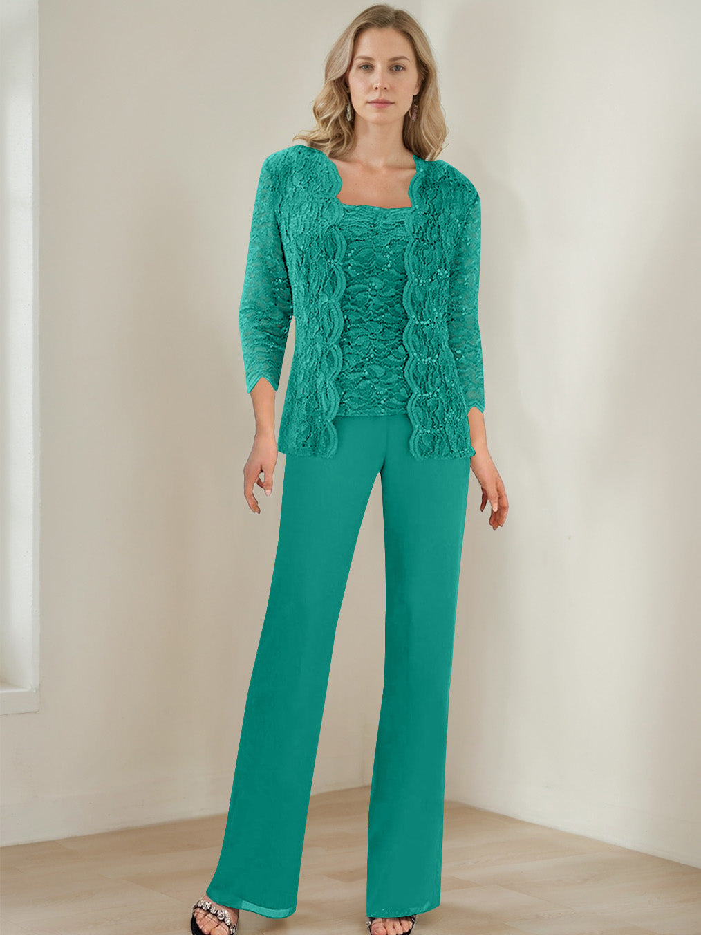 3 Pieces Square Neck 3 4 Sleeves Floor Length Mother Of The Bride Pantsuits With Sequins