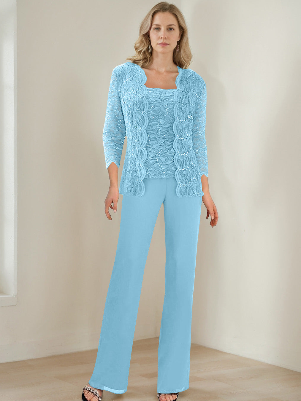 3 Pieces Square Neck 3 4 Sleeves Floor Length Mother Of The Bride Pantsuits With Sequins