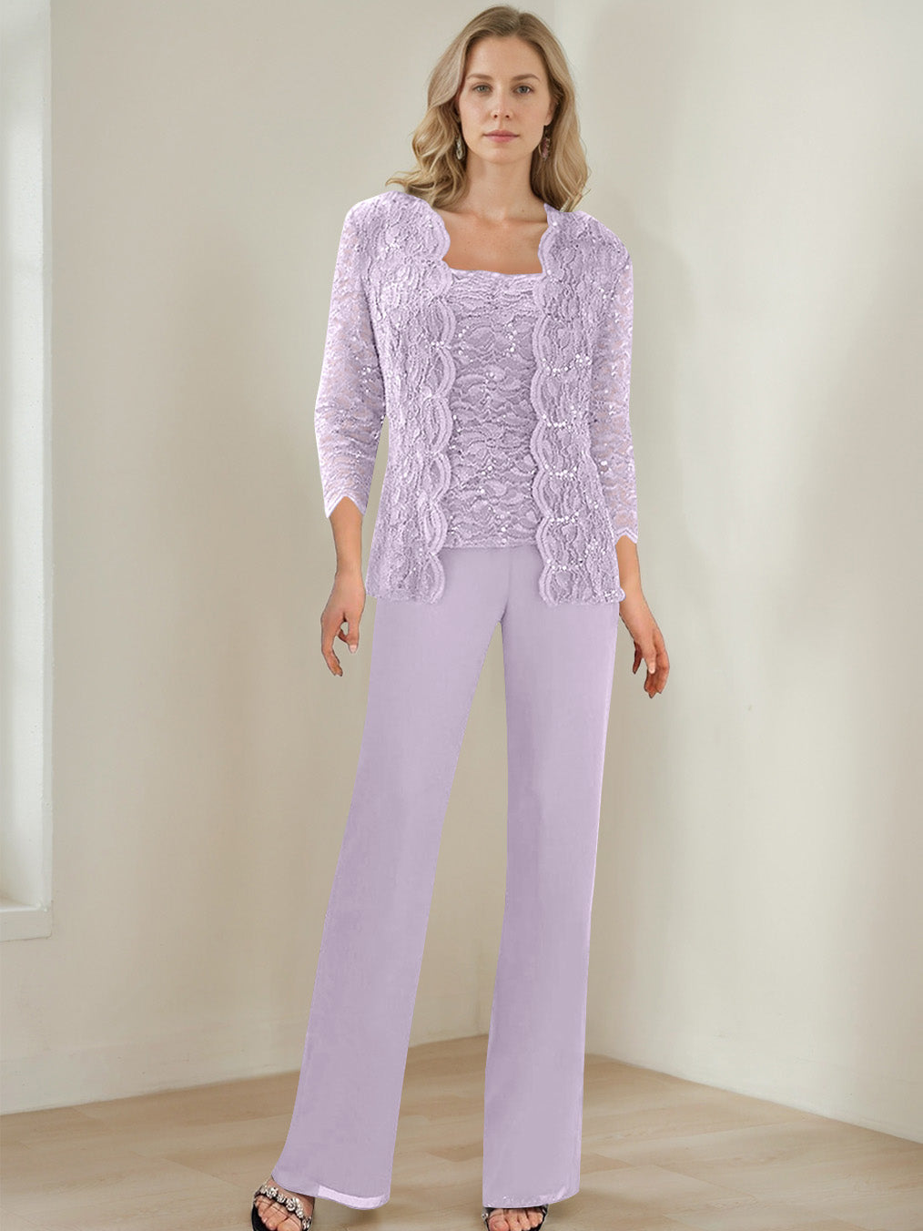 3 Pieces Square Neck 3 4 Sleeves Floor Length Mother Of The Bride Pantsuits With Sequins