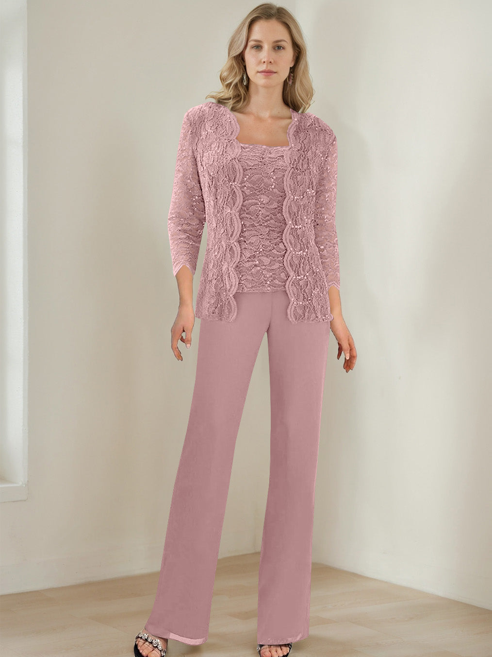 3 Pieces Square Neck 3 4 Sleeves Floor Length Mother Of The Bride Pantsuits With Sequins