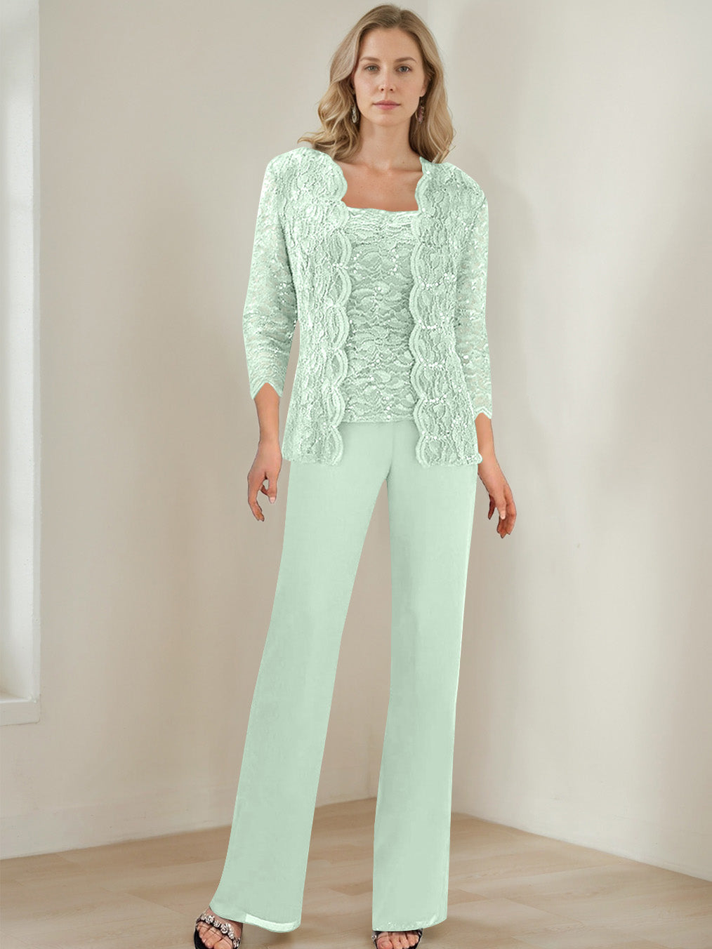 3 Pieces Square Neck 3 4 Sleeves Floor Length Mother Of The Bride Pantsuits With Sequins