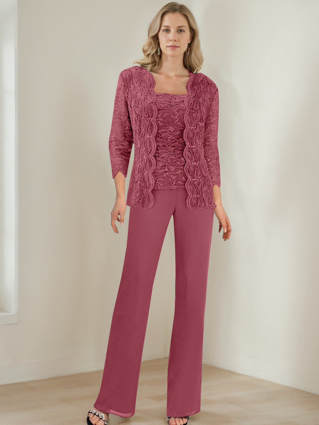 3 Pieces Square Neck 3 4 Sleeves Floor Length Mother Of The Bride Pantsuits With Sequins