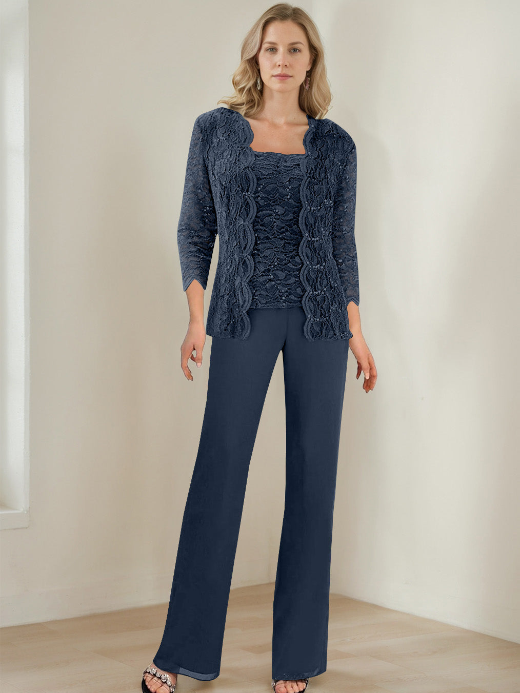 3 Pieces Square Neck 3 4 Sleeves Floor Length Mother Of The Bride Pantsuits With Sequins