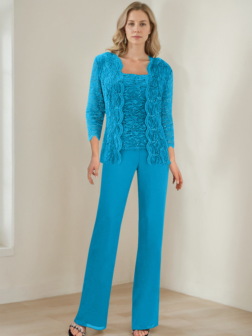 3 Pieces Square Neck 3 4 Sleeves Floor Length Mother Of The Bride Pantsuits With Sequins