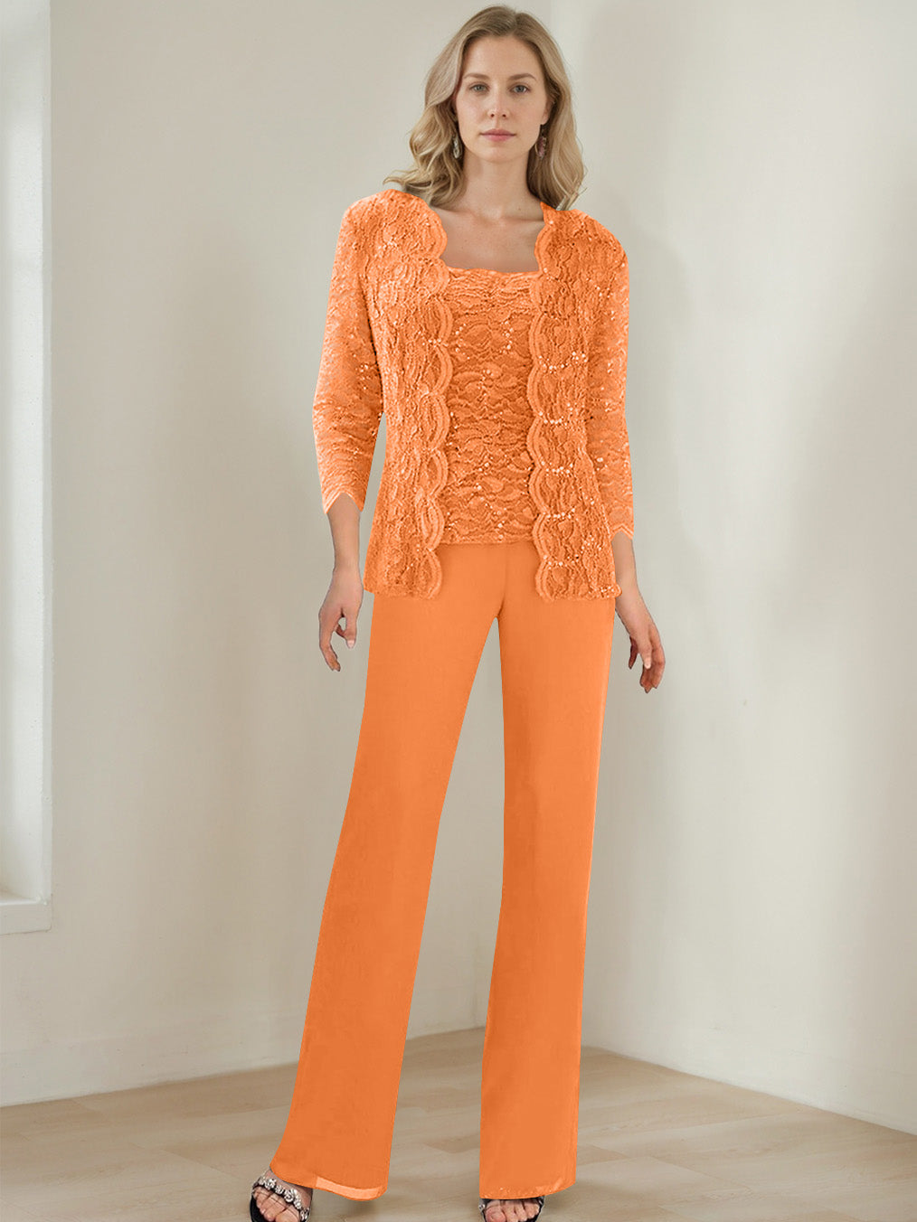 3 Pieces Square Neck 3 4 Sleeves Floor Length Mother Of The Bride Pantsuits With Sequins