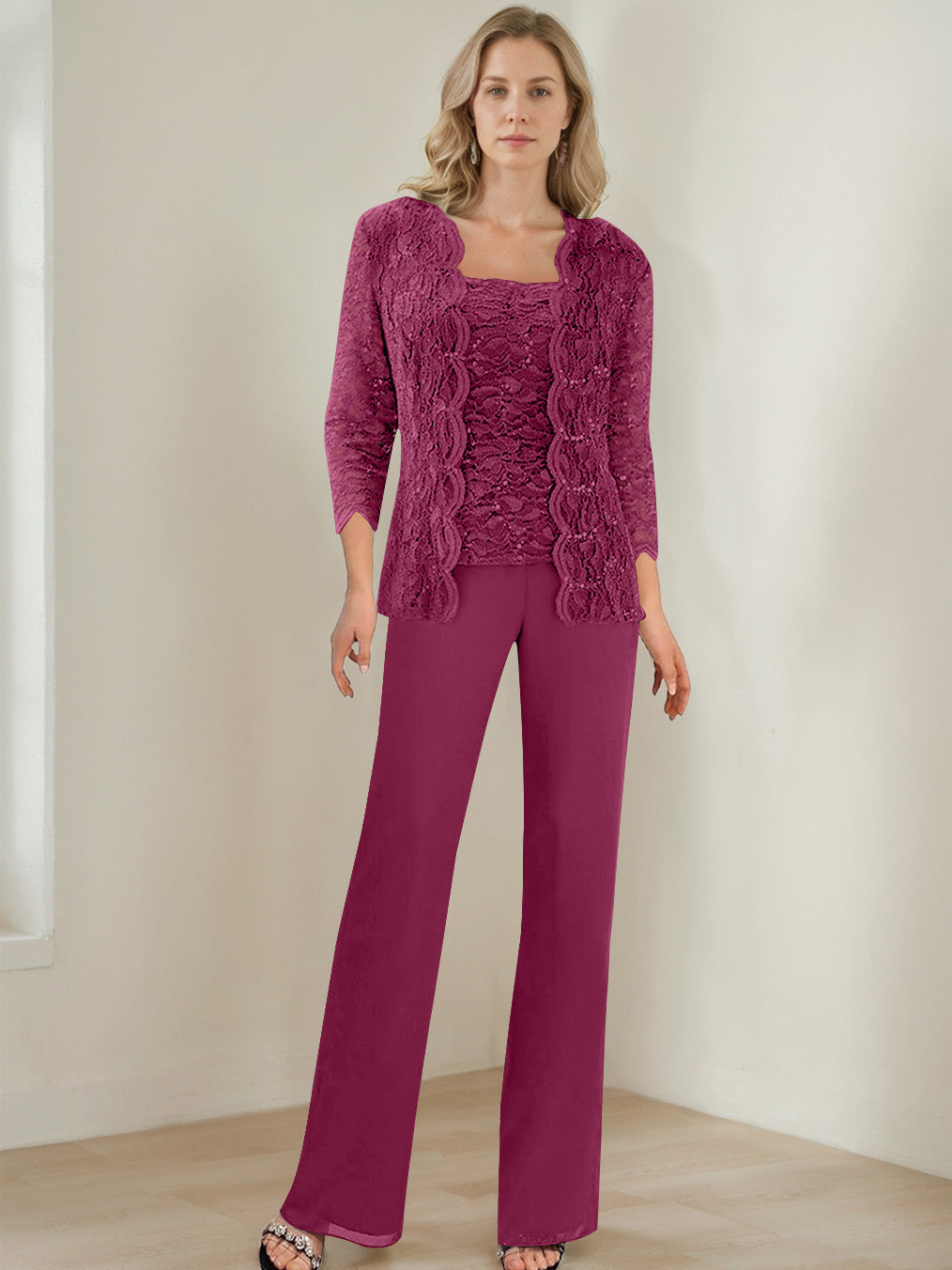 3 Pieces Square Neck 3 4 Sleeves Floor Length Mother Of The Bride Pantsuits With Sequins