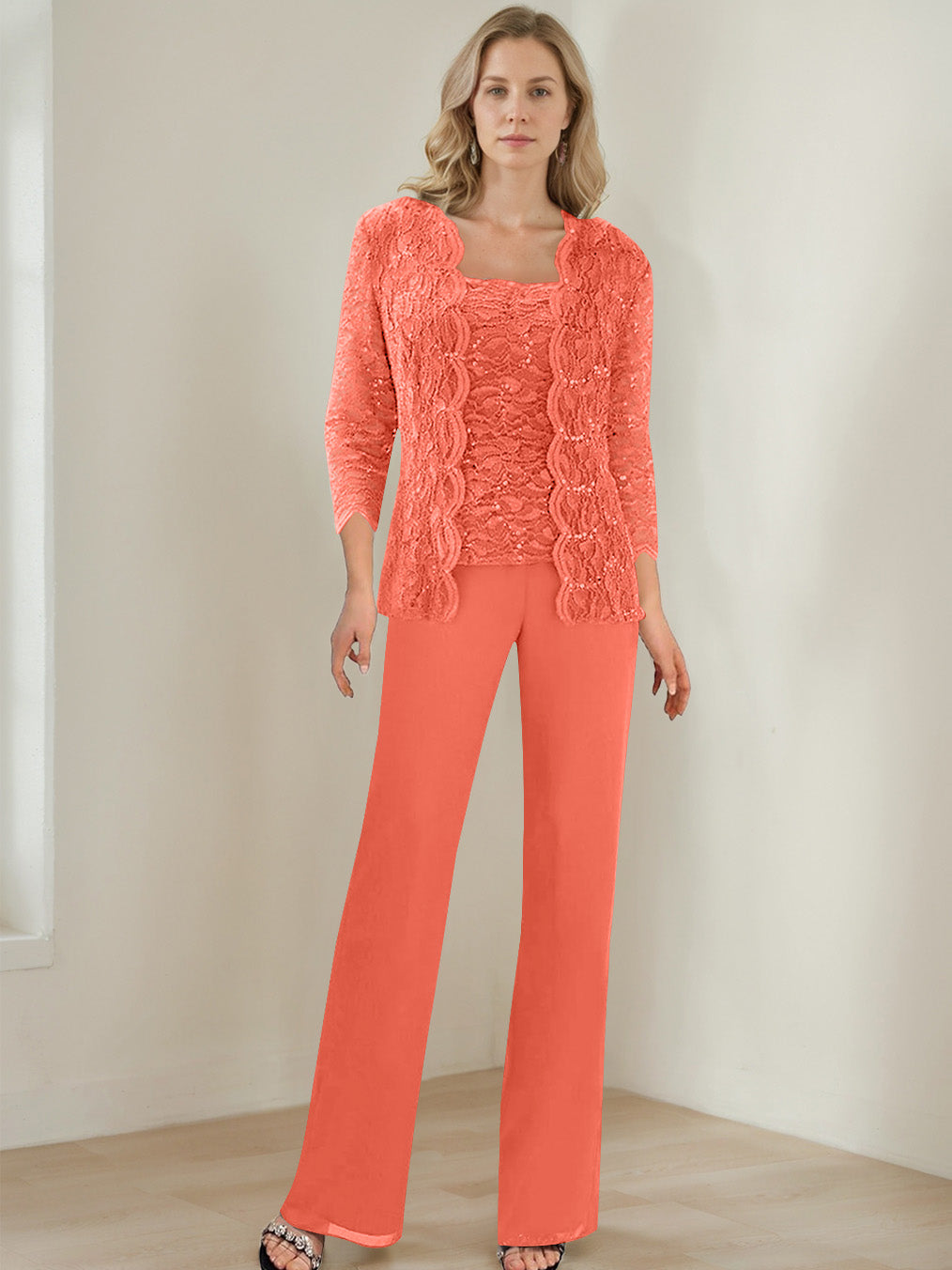3 Pieces Square Neck 3 4 Sleeves Floor Length Mother Of The Bride Pantsuits With Sequins