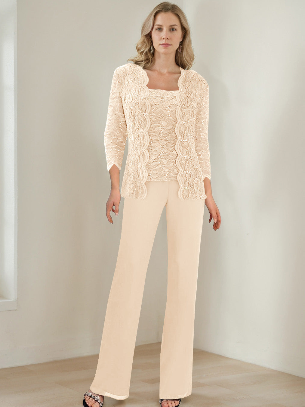 3 Pieces Square Neck 3 4 Sleeves Floor Length Mother Of The Bride Pantsuits With Sequins