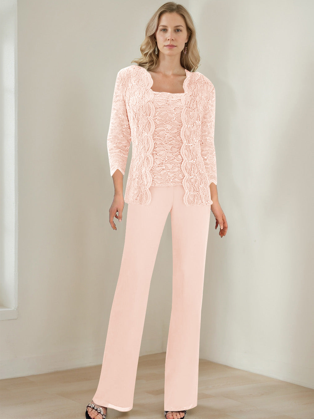 3 Pieces Square Neck 3 4 Sleeves Floor Length Mother Of The Bride Pantsuits With Sequins