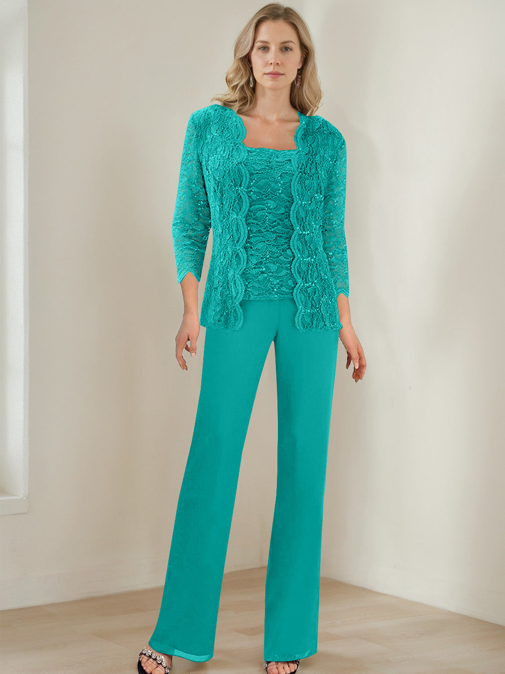 3 Pieces Square Neck 3 4 Sleeves Floor Length Mother Of The Bride Pantsuits With Sequins