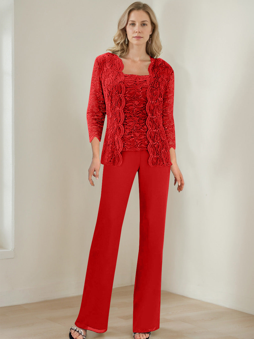 3 Pieces Square Neck 3 4 Sleeves Floor Length Mother Of The Bride Pantsuits With Sequins