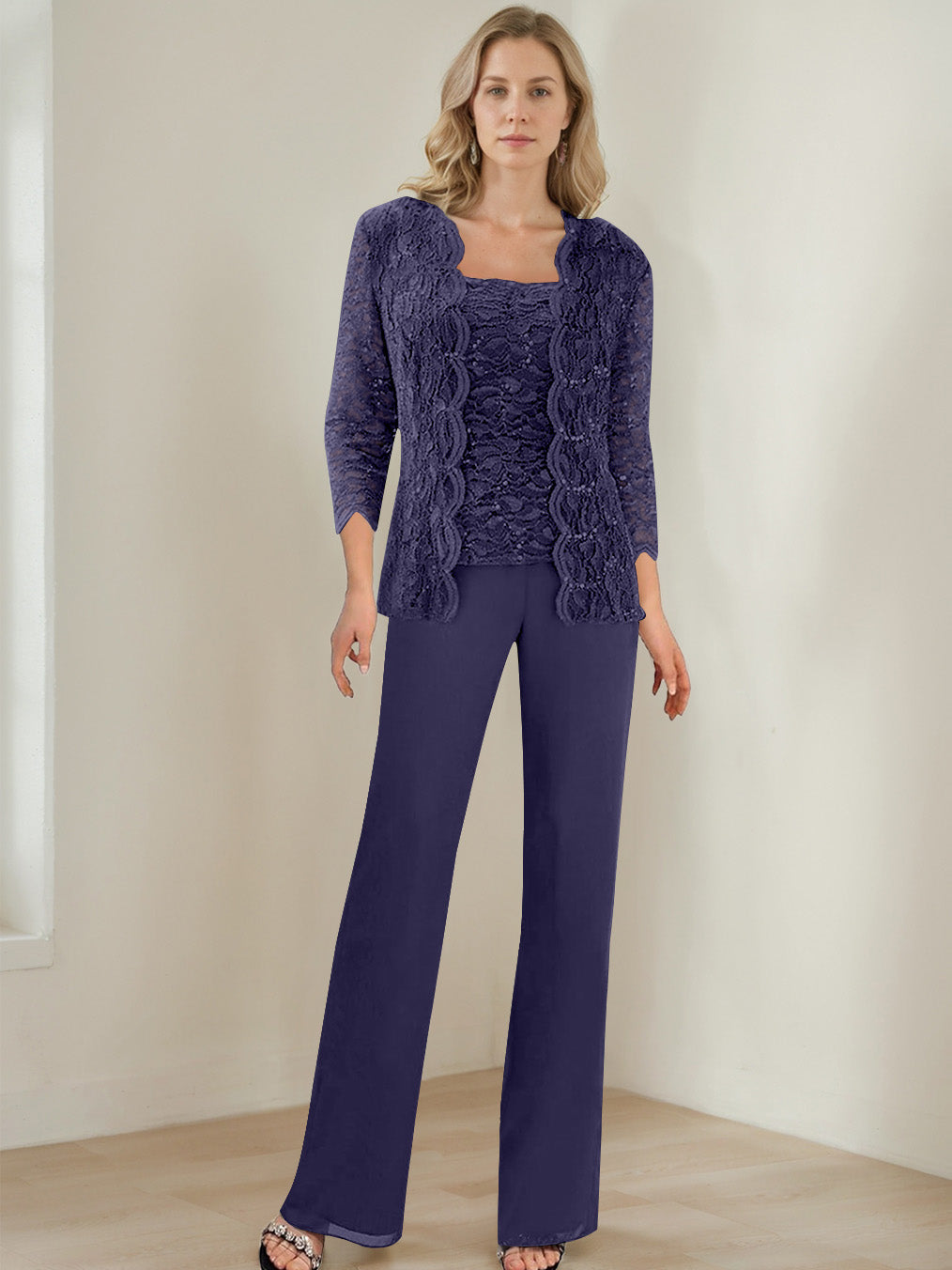 3 Pieces Square Neck 3 4 Sleeves Floor Length Mother Of The Bride Pantsuits With Sequins