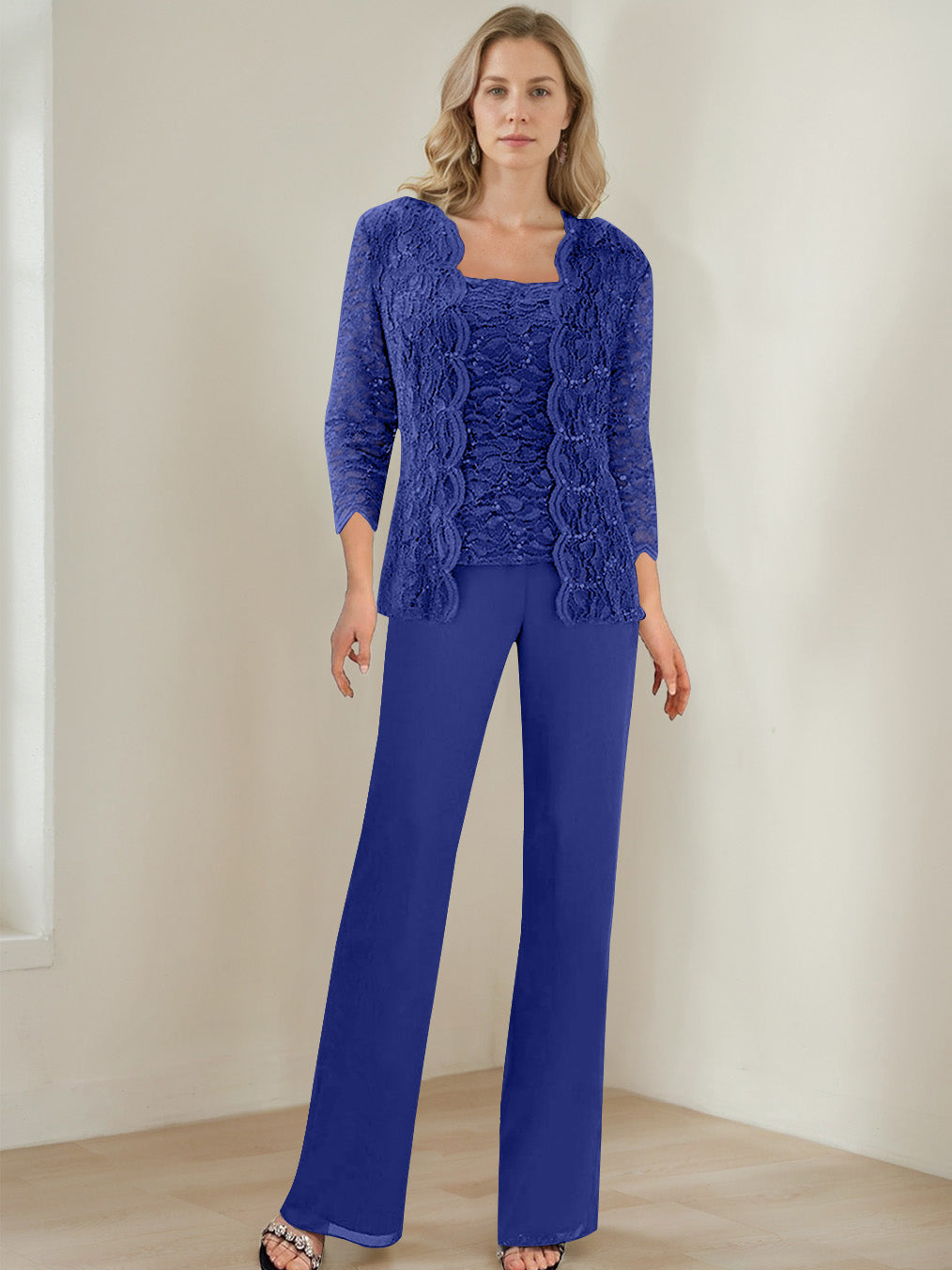 3 Pieces Square Neck 3 4 Sleeves Floor Length Mother Of The Bride Pantsuits With Sequins