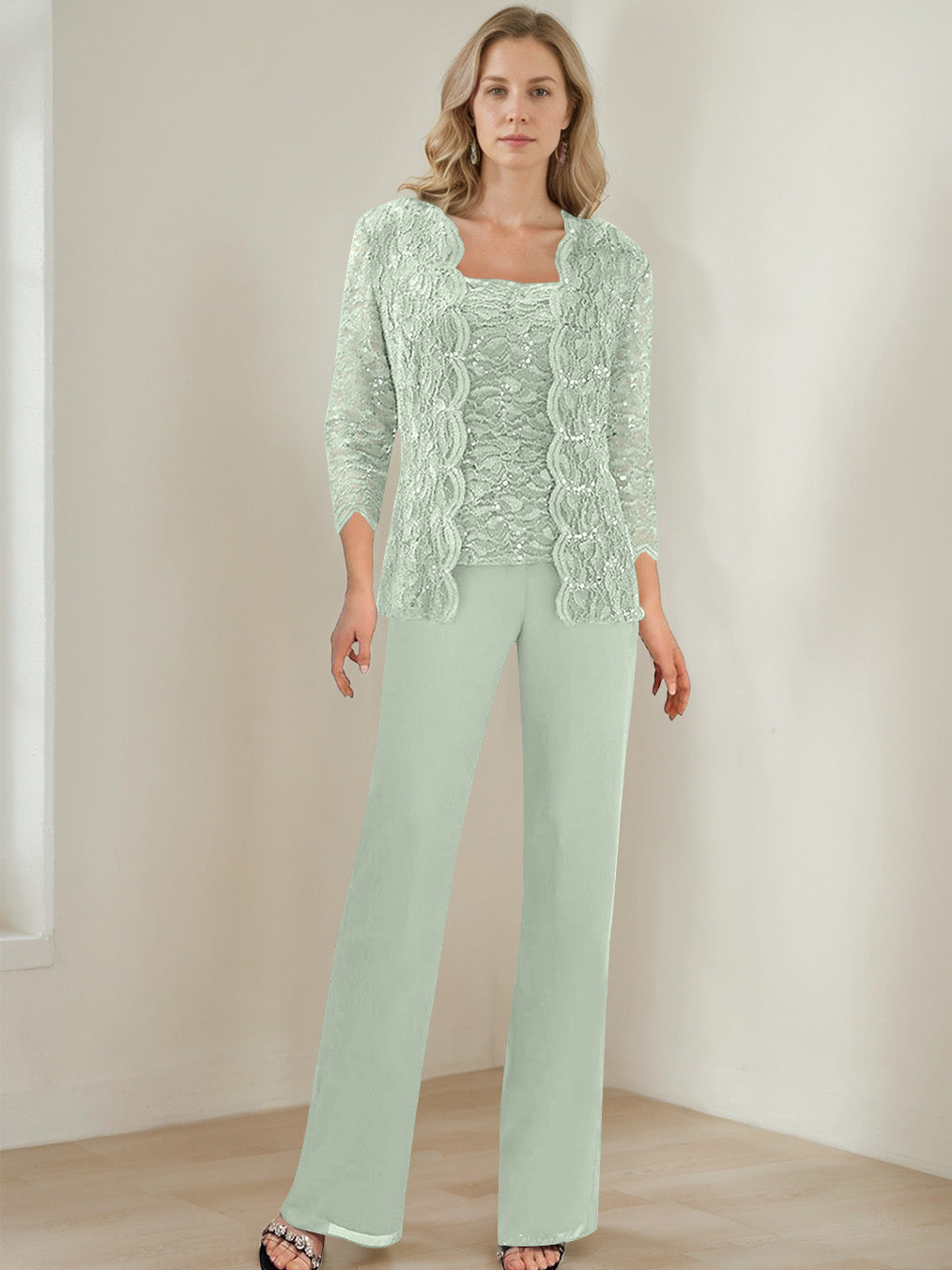 3 Pieces Square Neck 3 4 Sleeves Floor Length Mother Of The Bride Pantsuits With Sequins