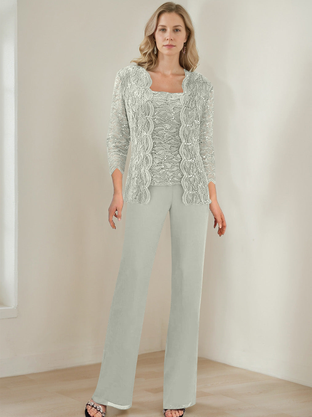 3 Pieces Square Neck 3 4 Sleeves Floor Length Mother Of The Bride Pantsuits With Sequins