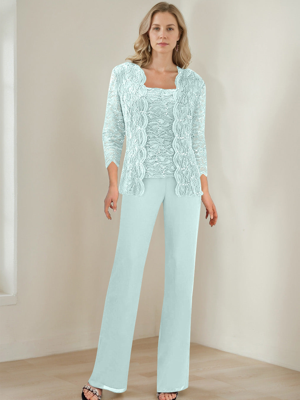 3 Pieces Square Neck 3 4 Sleeves Floor Length Mother Of The Bride Pantsuits With Sequins