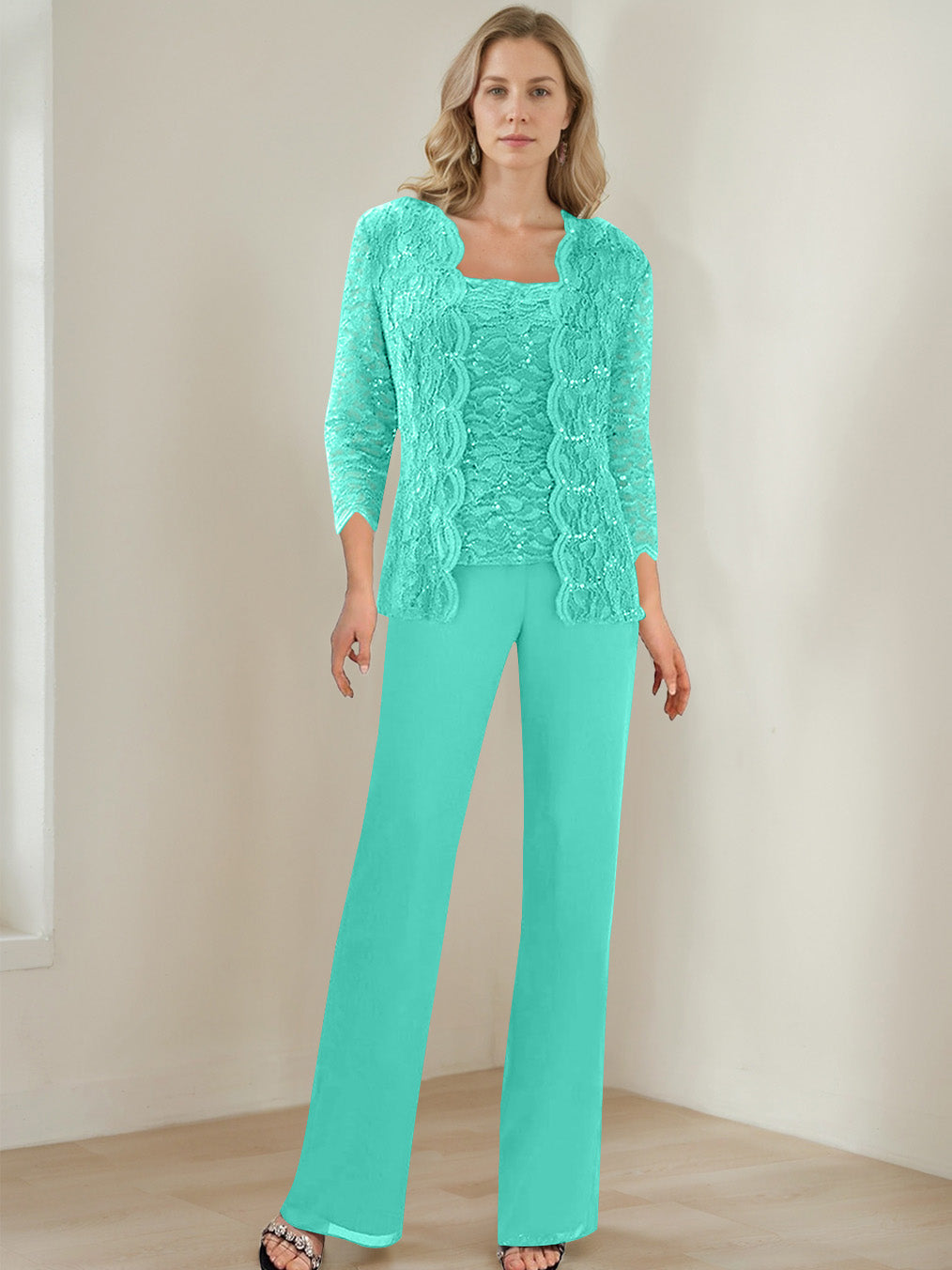 3 Pieces Square Neck 3 4 Sleeves Floor Length Mother Of The Bride Pantsuits With Sequins