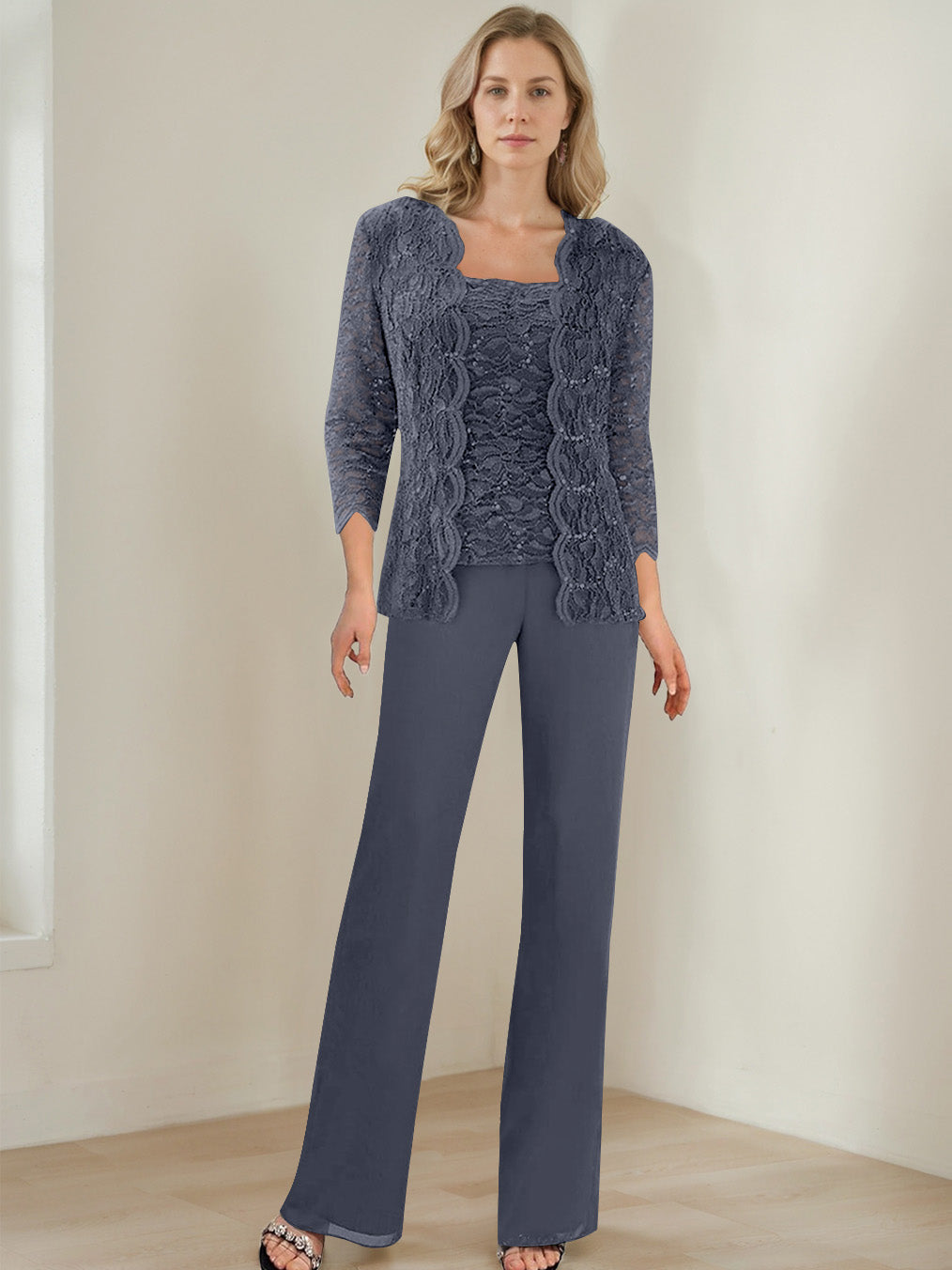 3 Pieces Square Neck 3 4 Sleeves Floor Length Mother Of The Bride Pantsuits With Sequins