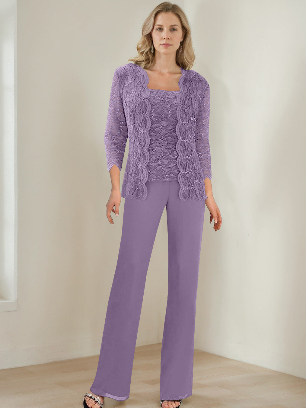 3 Pieces Square Neck 3 4 Sleeves Floor Length Mother Of The Bride Pantsuits With Sequins